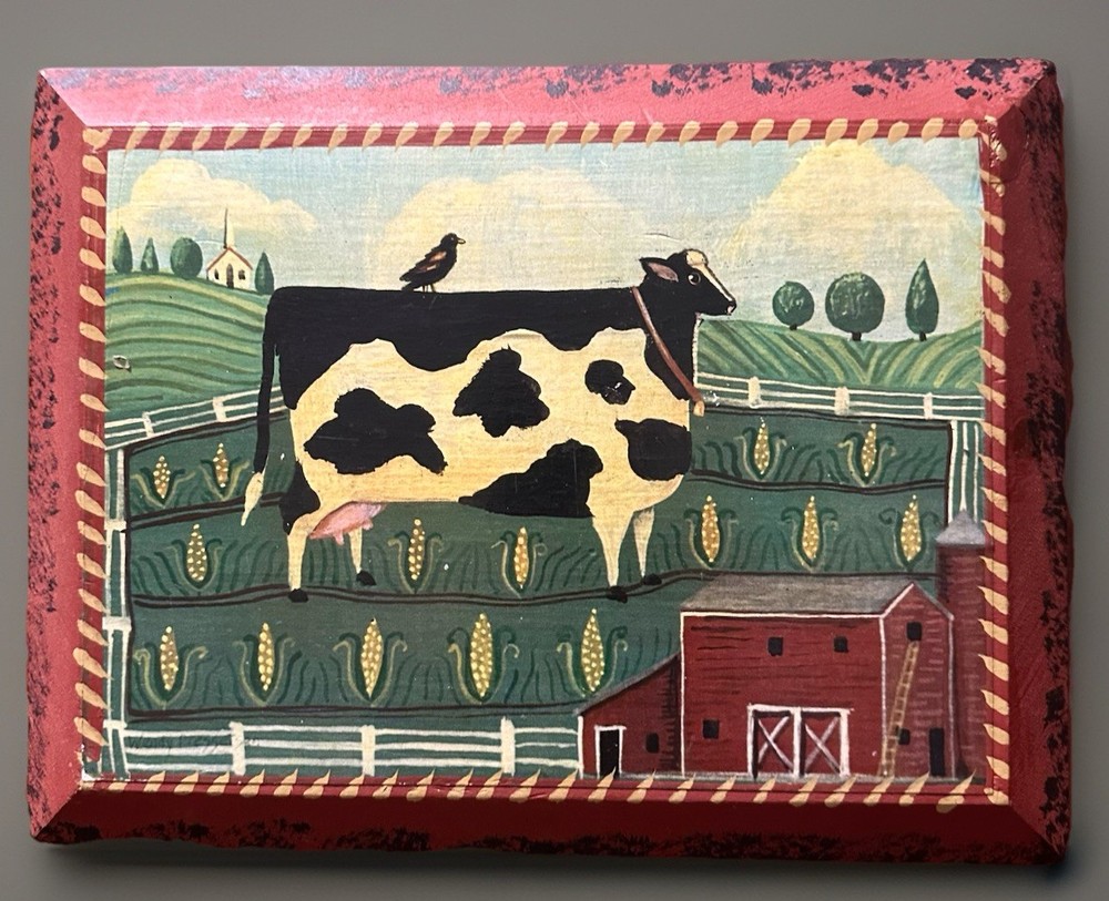 Wendy Presseisen Signed Art Farmhouse Wood Panel Painting Folk Cow Cottagecore