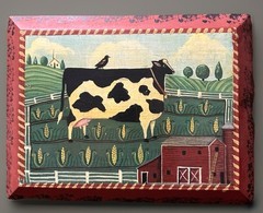 Wendy Presseisen Signed Art Farmhouse Wood Panel Painting Folk Cow Cottagecore