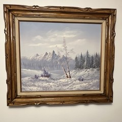 Framed Oil Painting Winter Mountain Landscape with Trees and Snow on Canvas