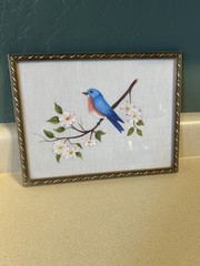 Antique Folk Art Bluebird Dogwood Textile Art on Linen Framed Embroidery
