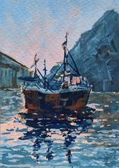 ACEO Print, Fishing Trawler Boat Mountain Ocean Harbor Sunrise, 3″ x 5″