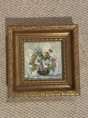 1960s Flowers in Vase Framed Textured Impasto Oil Painting – Irene Rozek