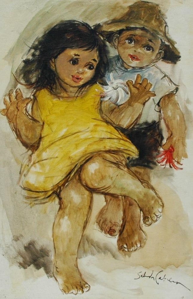 Vintage Oil on Canvas Of Two Children by Listed Filipino Artist Salvador Cabrera