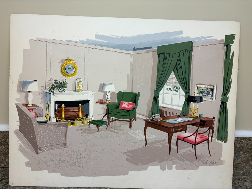 Mid Century Gouache Painting Rendering Board Signed Dick West Ad Interior Design