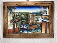 Vtg Pueblo Scene Acrylic 3-D Hand Painted rustic wood frame southwestern 22×30