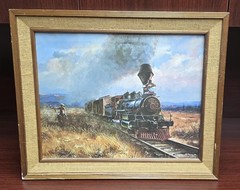 Vintage MAURICE HARVEY „Train Heist“ 1980 Canvas Painting Print Signed