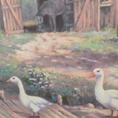 C Carson Oil Painting Farm Scene Barn Ducks Signed Gold Framed 29×26