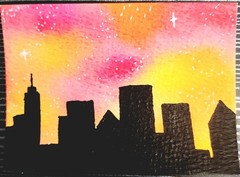 ACEO Original City Skyline Silhouette Sunset Night Sky Stars Painting, Unframed