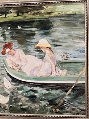 Beautiful framed Oil on canvas painting mother & daughter on the lake 33” x 37”