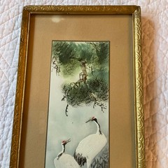original watercolor PAINTING red crested crane birds Japanese kakejiku signed