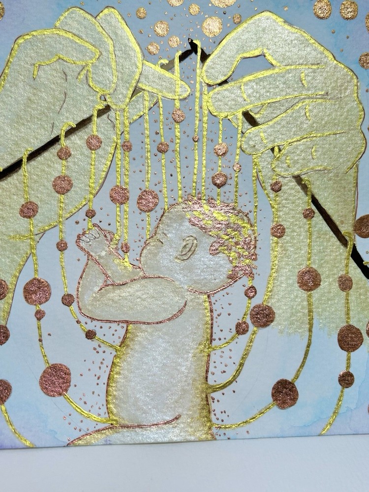 Watercolor Baby In His Hands Painting Bereavement Art Knit In The Womb Portrait