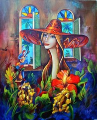 Armando Mejia Cuban COMTEMPORANY Art 28×36 titulo: En mi jardin acrylic/canva