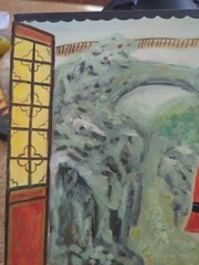 Signed Chun Guang Original Oil Painting Chinese Woman Window Garden Scene 12×12