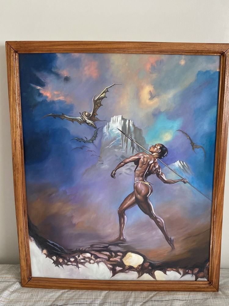 Painting of African Tribal Woman Hunting Dinosaur by Nigerian Street Artist