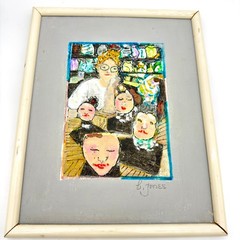 Vintage B. Jones Signed Original Mixed Media Painting Woman Faces Modernist