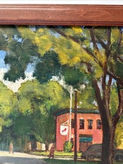 ANTIQUE WPA REGIONALISM PAINTING LANDSCAPE OLD CARS 1940’S LISTED NEW YORK OIL