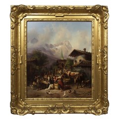 German Landscape Painting „An Alpine Village” by Joseph Heinrich Marr