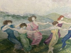 Vtg Signed HLK original oil painting copy of Franz Von Stuck Circle Dancing Old