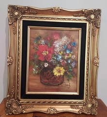 Vintage Floral Oil Painting On Canvas Signed Ornate Gold Frame 13×15