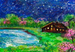 ACEO Original PAINTING Spring TREE Night Sky Star CABIN Nature Landscape ATC ART