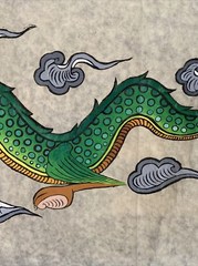 Vintage 1920’s Large Dragon Painting On Rice Paper Colorful Green Blue Red 44×21