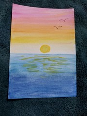 Original Watercolor 5×7 Painting Rainbow sunset over ocean by Tiffany Noel