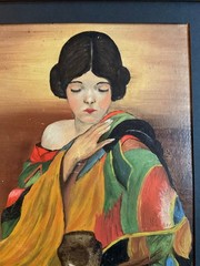 Vintage 1940s woman portrait original oil painting lady colorful framed art