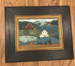 Original Oil on Board American Folk Art Amish Farm Landscape Framed 22×18