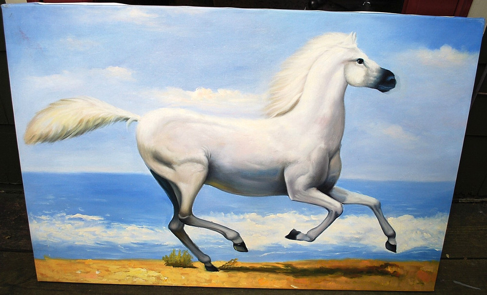 HORSE RUNNING ALONG OCEAN Original Art ACRYLIC PAINTING/CANVAS Signed 36″ x 24″