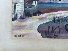 Midcentury Norwegian Painter Town Painting Image Size 13” X 9.5”. Hulteen, 1941