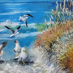 YARY DLUHOS Beach Sand Seascape Ocean Waves Sea Gulls Original Art Oil Painting