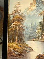 VTG G Whitman Trees Landscape Cabin Lake River Mountains Canvas 13.75”W 25.75”T
