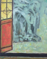 Signed Chun Guang Original Oil Painting Chinese Woman Window Garden Scene 12×12