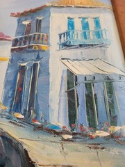 Oil Painting Mediterranean Harbor Scene Signed – Aaron Brothers – Wood Frame