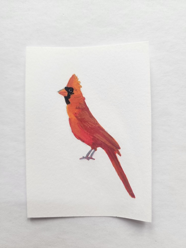 ACEO Original Acrylic Painting Small Cardinal Red Bird by Kiva