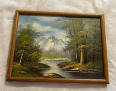 Vintage ORIGINAL Oil Painting MOUNTAINS STREAM LAKE TREES 17 X 13 INCHES