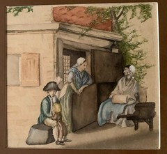 Antique 19th C. Framed Watercolor a Scene of Colonial Life