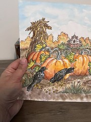 Original Folk Art Watercolor WW Higgins Primitive Pumpkin Scene Ohio Art. Crows