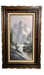 Signed Simon Oil Painting – Snow-Covered Mountain Landscape with Carved Wooden F