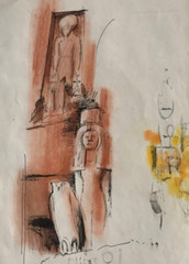 Pharaoh & Owl Monument Egyptian Watercolor 16 1/2 x 12 1/2 -C. 60s-Adolf Konrad