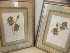 Pair of Wall Art Hand Cast Hand Painted Rag Paper Gold Iris Artist Signed Barnes