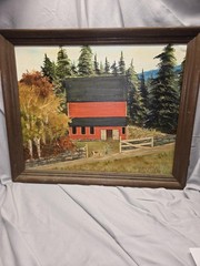 Bill Humphrey 1992 Framed Original Oil Painting Red Barn in Mountain Landscape
