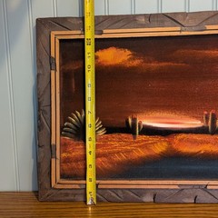 Vintage Black Velvet Painting Desert Sunset Cactus Mexico Carved Wood Frame MCM