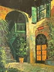 VINTAGE NEW ORLEANS FRENCH QUARTER COURTYARD OIL PAINTING LANDSCAPE PETERS 1960s