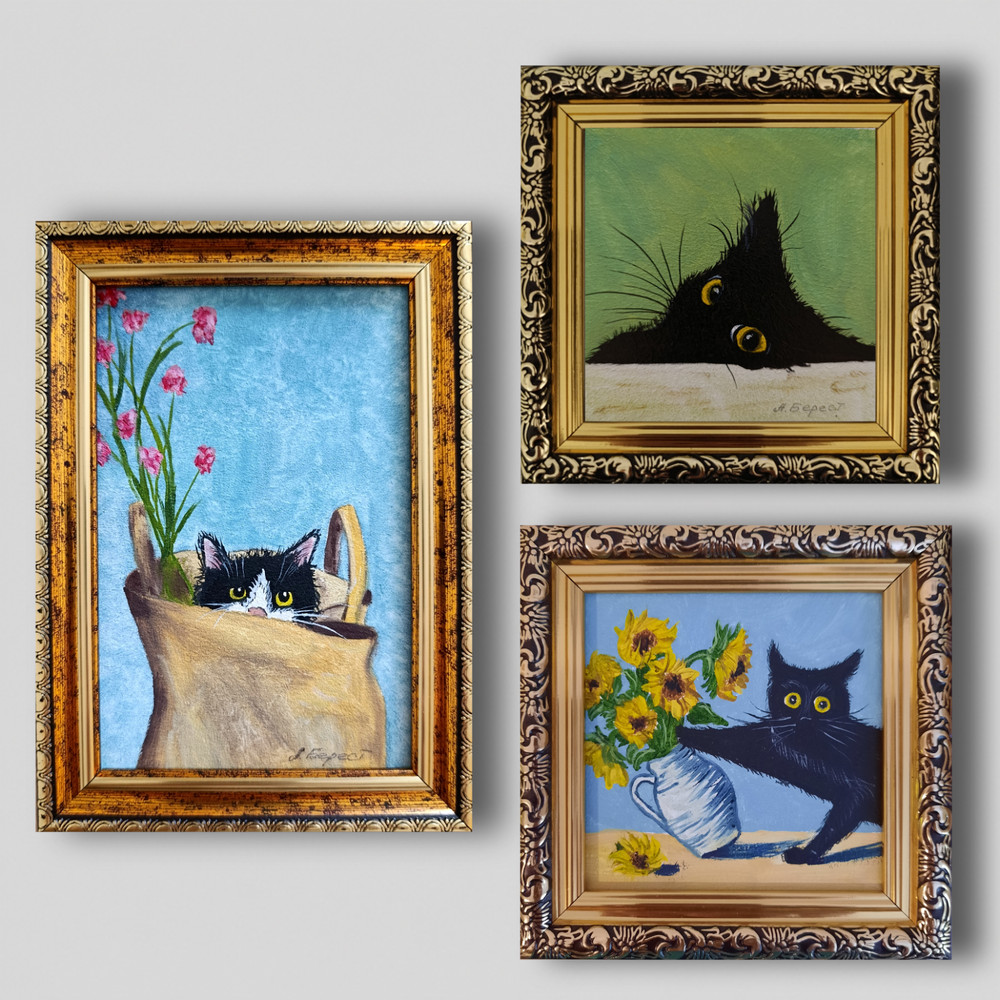 Set of 3 Black Cat Original Oil Paintings Framed Cat Wall Art Cottagecore Decor