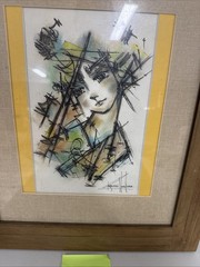 Artist Dibuso Abstract Girl Mixed Media Water Color Pen Framed Signed 2016