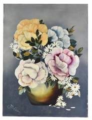 24″ Oil Painting Canvas Lea Mikel Still Life Colorful Roses Vase Flowers #38
