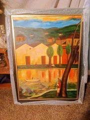 Framed Impressionist Landscape Painting Village Trees River Scene