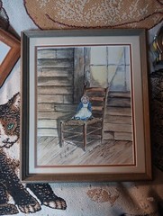 Vintage Folk Art Watercolor Painting Still Life Doll On Chair Signed Sue Latsha