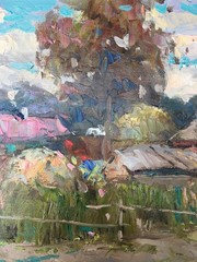 Oil painting Yard Ukrainian painter canvas Unframed original Decor landscape